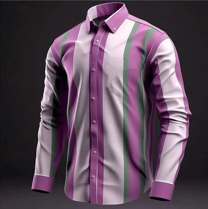 SHOWLU men's striped bamboo fiber long sleeve casual shirt with lapel, suitable for business and everyday wear.