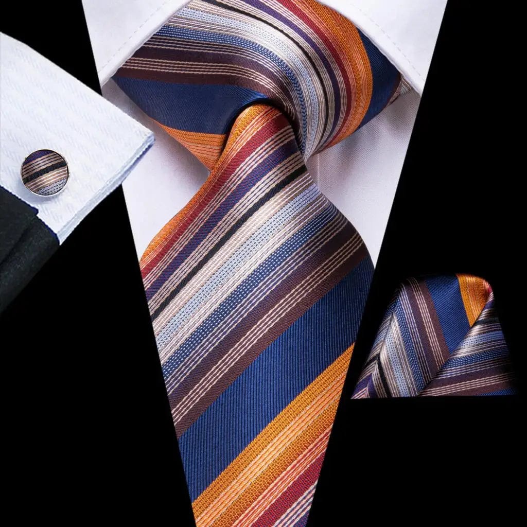 Orange silk striped necktie set with pocket square and cufflinks for men, elegant wedding accessory by SHOWLU FASHION STORE