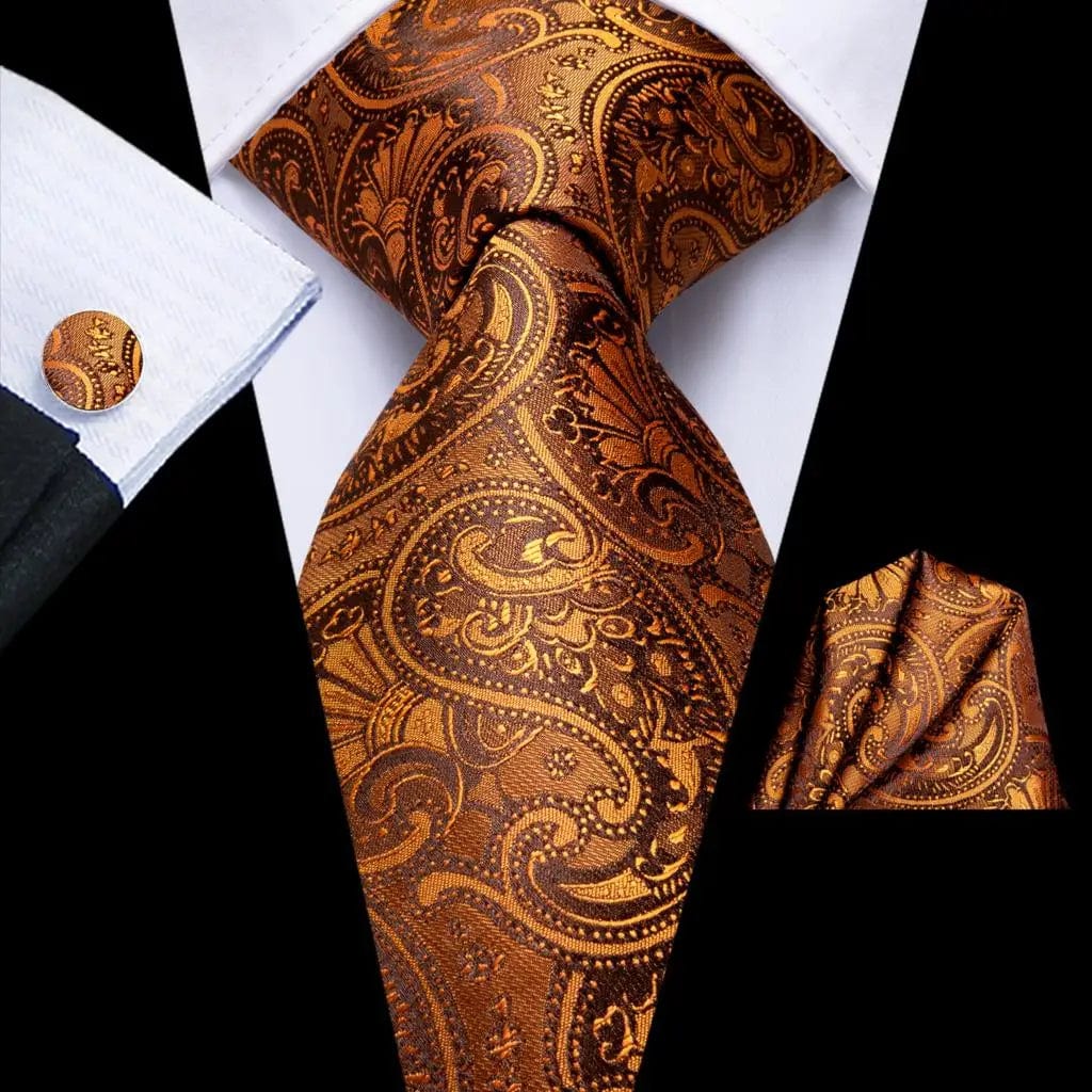 Orange silk necktie set with matching pocket square and cufflinks, stylish men's accessories for formal occasions.