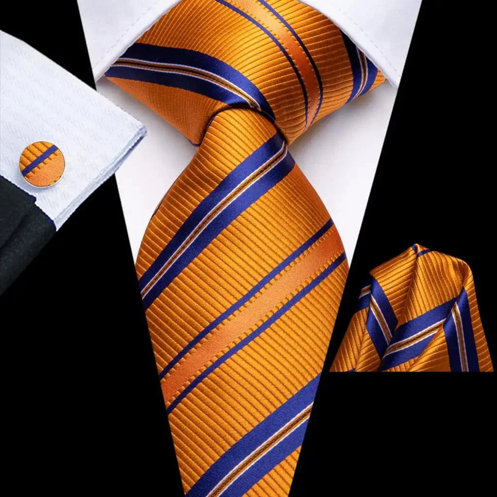 Orange silk striped men's necktie set with pocket square and cufflinks for formal occasions, stylish and elegant accessory for grooms.