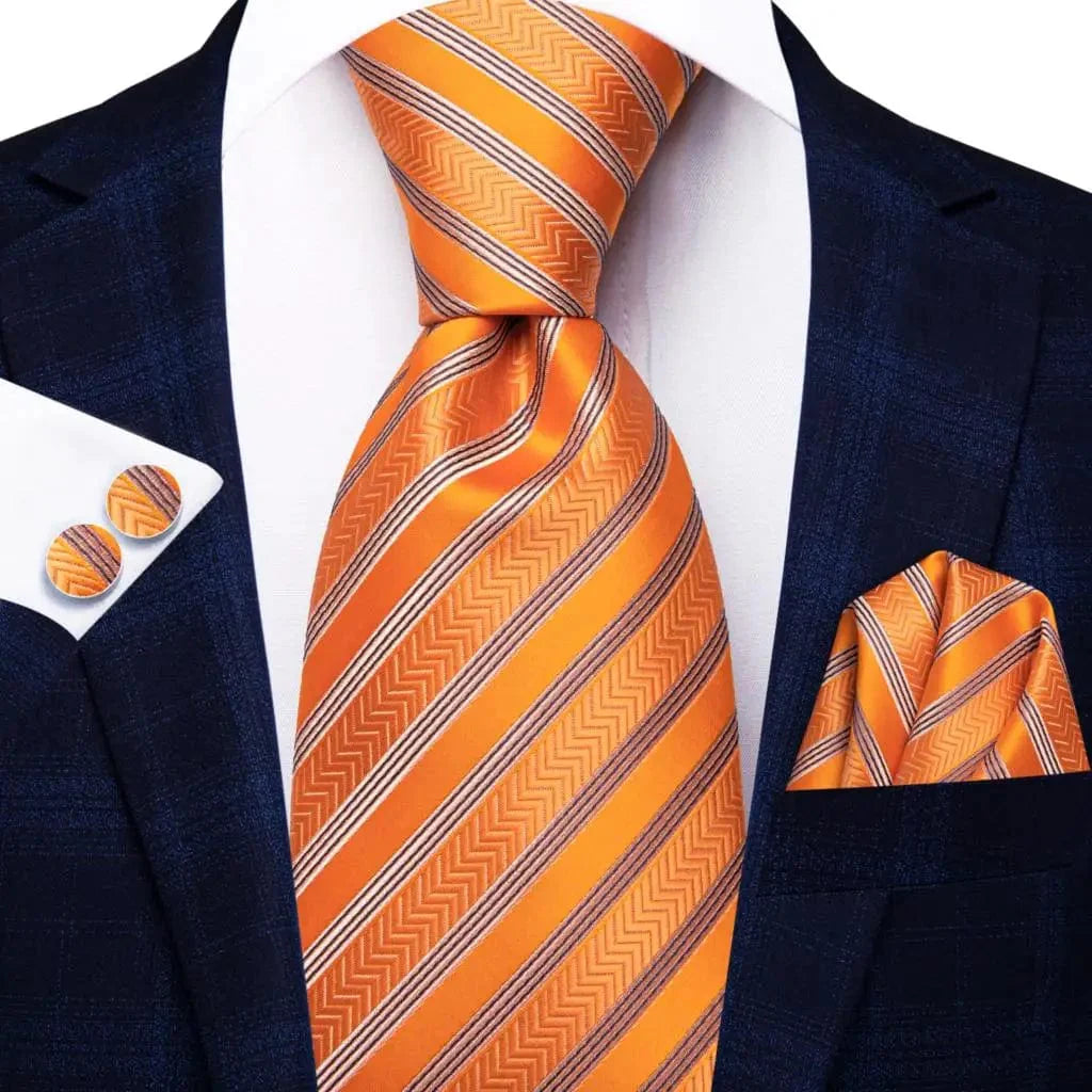 Orange silk striped necktie set with matching pocket square and cufflinks, stylish men's wedding accessory from SHOWLU FASHION STORE.