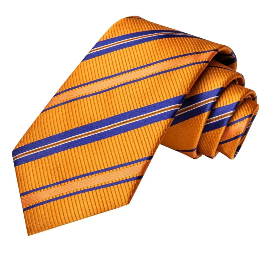 Orange silk striped necktie set with pocket square and cufflinks for men, stylish wedding accessory by SHOWLU FASHION STORE