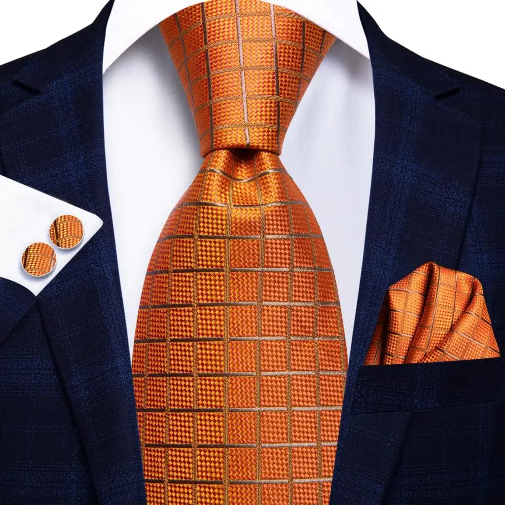 Orange silk striped necktie set with pocket square and cufflinks for men, elegant wedding accessory by SHOWLU FASHION STORE.