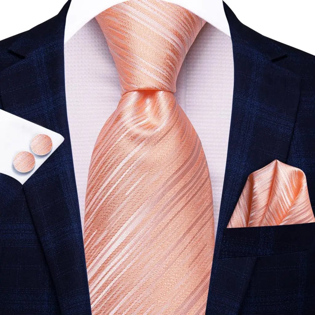 Hi-Tie striped orange silk necktie set with matching pocket square and cufflinks, elegant men's wedding accessory by SHOWLU FASHION STORE