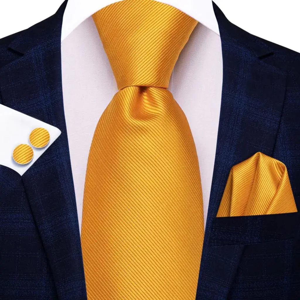 Hi-Tie striped orange silk necktie set with matching pocket square and cufflinks, elegant men's wedding accessory by SHOWLU FASHION STORE