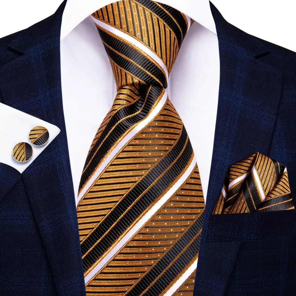 Orange silk striped necktie set with matching pocket square and cufflinks for men, elegant wedding or formal accessory.