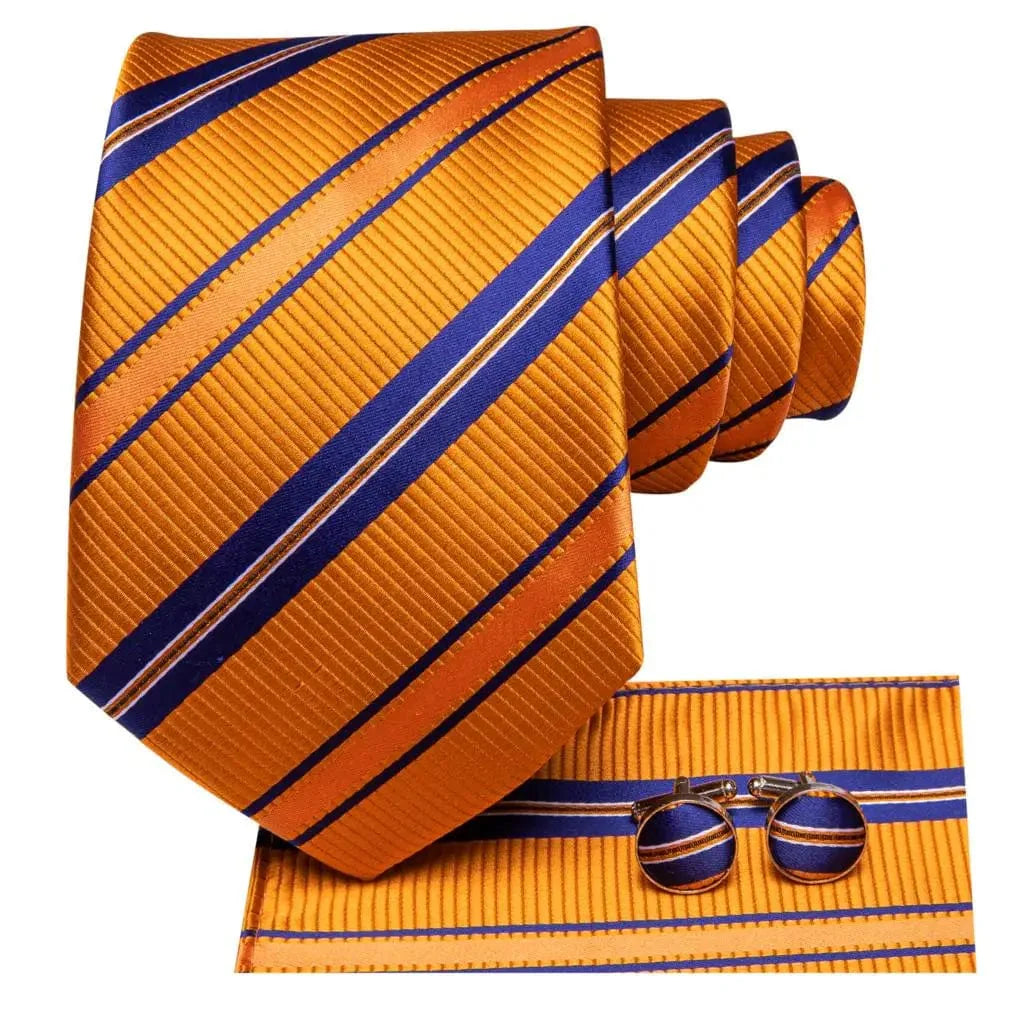 Orange silk striped necktie set with matching pocket square and cufflinks, stylish men's wedding accessory by SHOWLU FASHION STORE