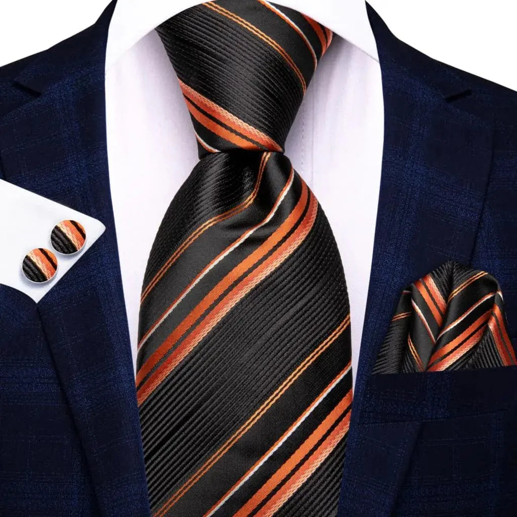 Orange silk striped tie set for men, includes matching pocket square and cufflinks, elegant wedding accessory by SHOWLU FASHION STORE