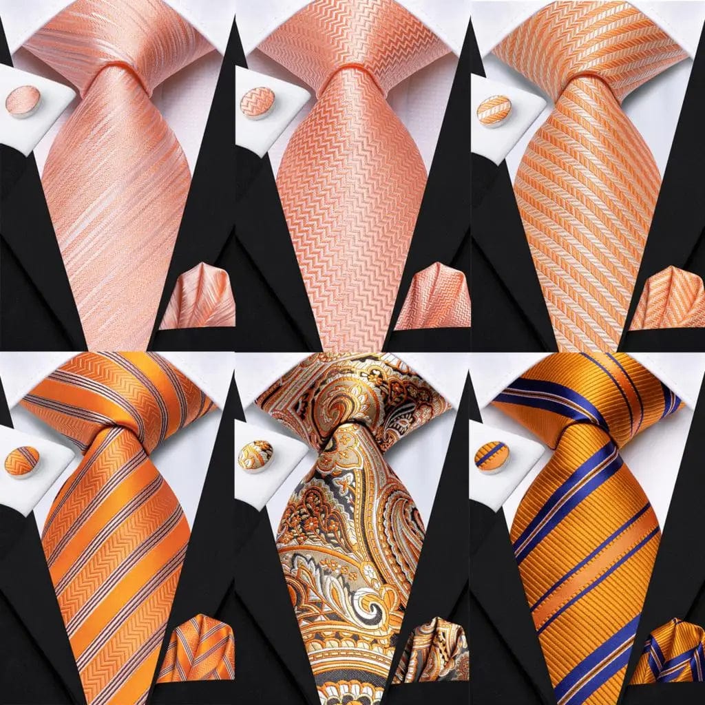 Elegant orange silk necktie set with striped pattern, matching pocket square and cufflinks for men by SHOWLU FASHION STORE.