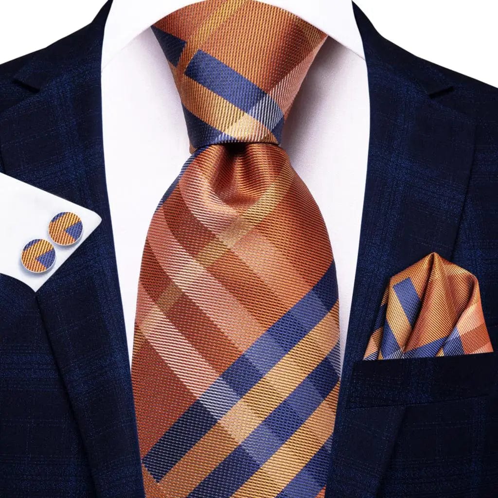Orange silk striped necktie set with matching pocket square and cufflinks, elegant men's wedding accessory by SHOWLU FASHION STORE