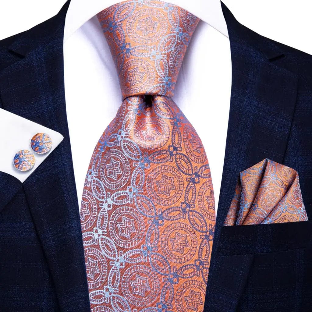Orange striped silk necktie set with pocket square and cufflinks, stylish men's wedding accessory for formal occasions.
