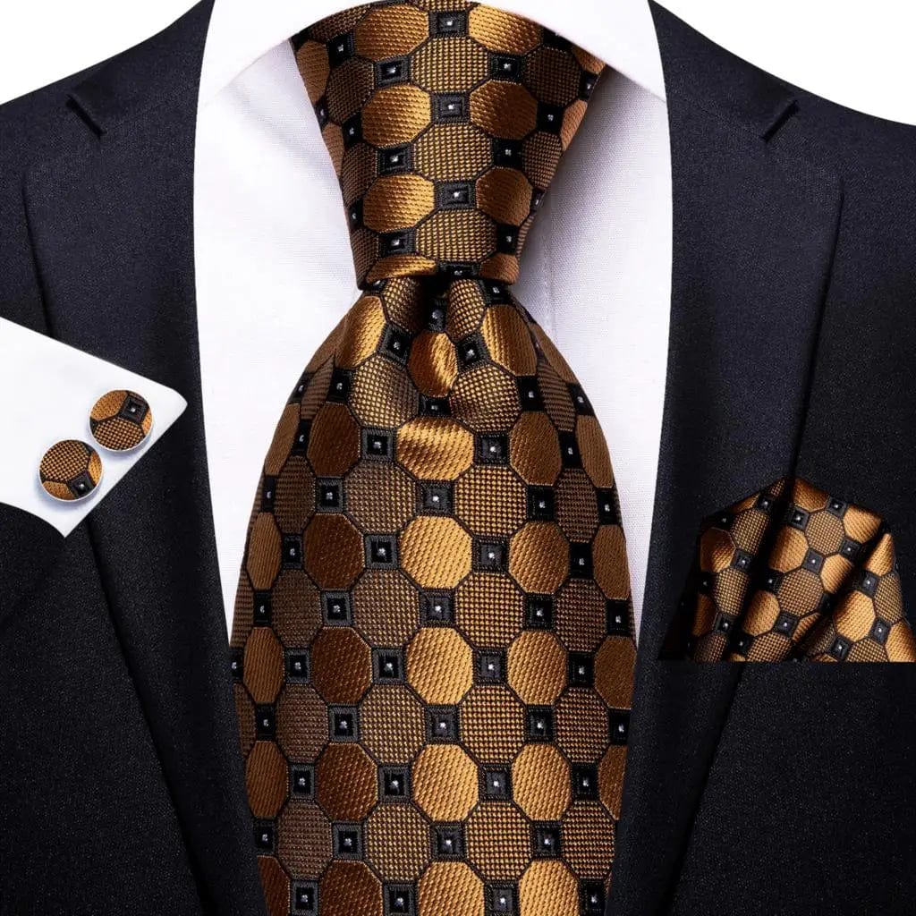 Orange silk striped necktie set with matching pocket square and cufflinks, stylish men's wedding and formal accessory.