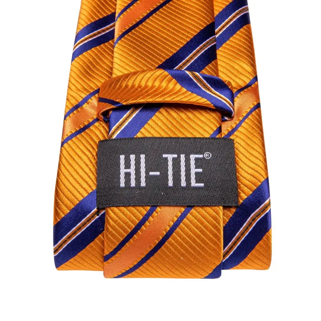 Orange silk necktie set with striped pattern, matching pocket square and cufflinks for men, elegant wedding accessory by SHOWLU FASHION.
