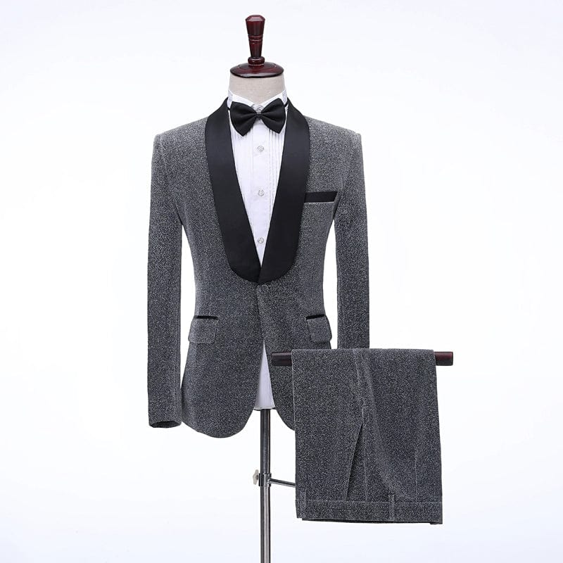 Green silk stage dress by Showlu Fashion, slim fit, single-breasted suit with bright collar, designed for performances and formal events.