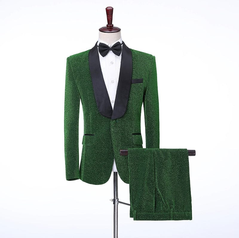 Green silk stage dress by Showlu Fashion, slim fit, single-breasted design with a bright collar, suited for performances and events.
