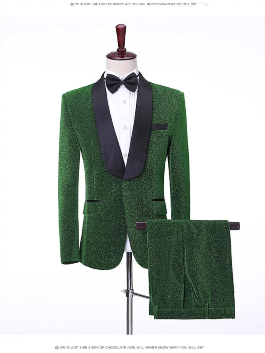 Green silk stage dress by Showlu Fashion, slim fit, single-breasted design with a stylish collar, perfect for performances.