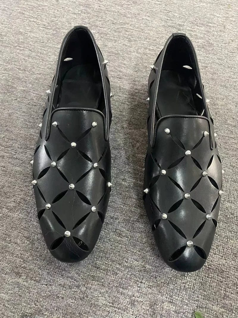 Black LOUBUTEN men's spiked cowhide leather loafers with hollow-out design, breathable and stylish for casual or business wear.