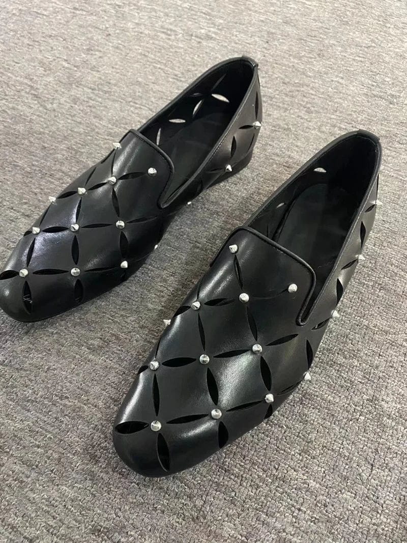 Black LOUBUTEN men's spiked cowhide leather loafers with hollow-out design, breathable and stylish for casual or business wear