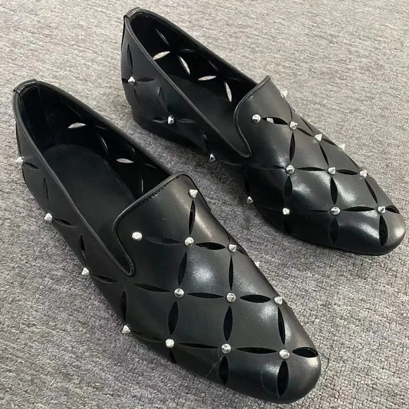 Black spiked cowhide leather loafers for men, stylish hollow-out design, breathable summer shoes, casual and business wear.