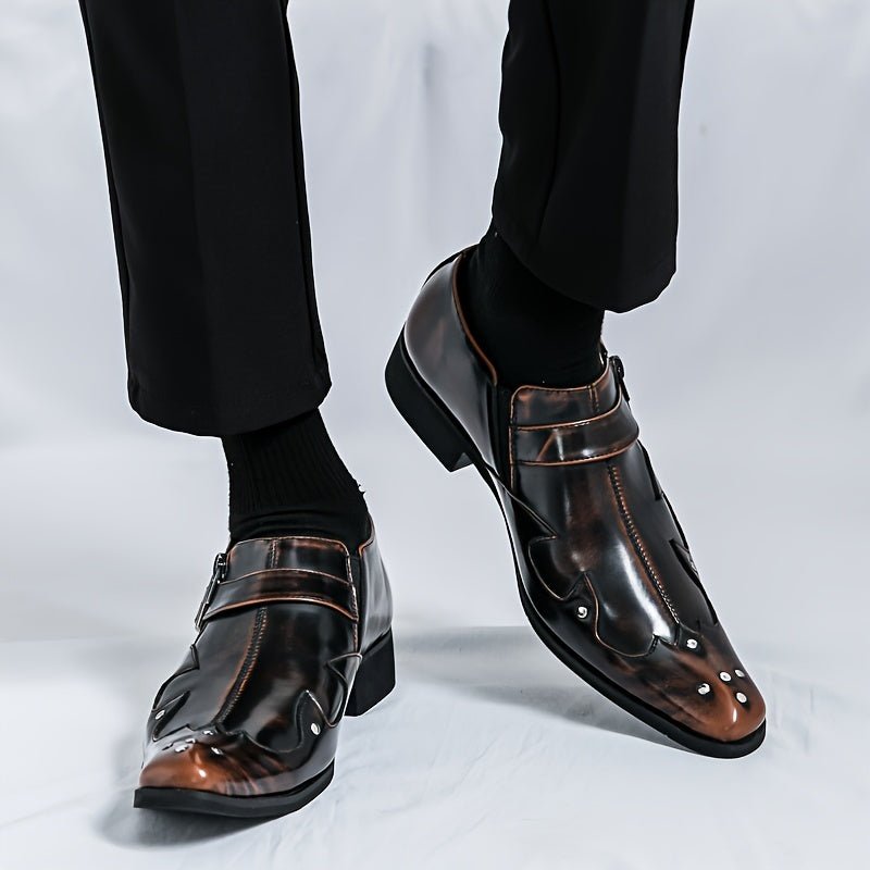 Stylish men's pointed toe slip-on dress shoes in solid PU leather, suitable for business, office, or formal occasions.