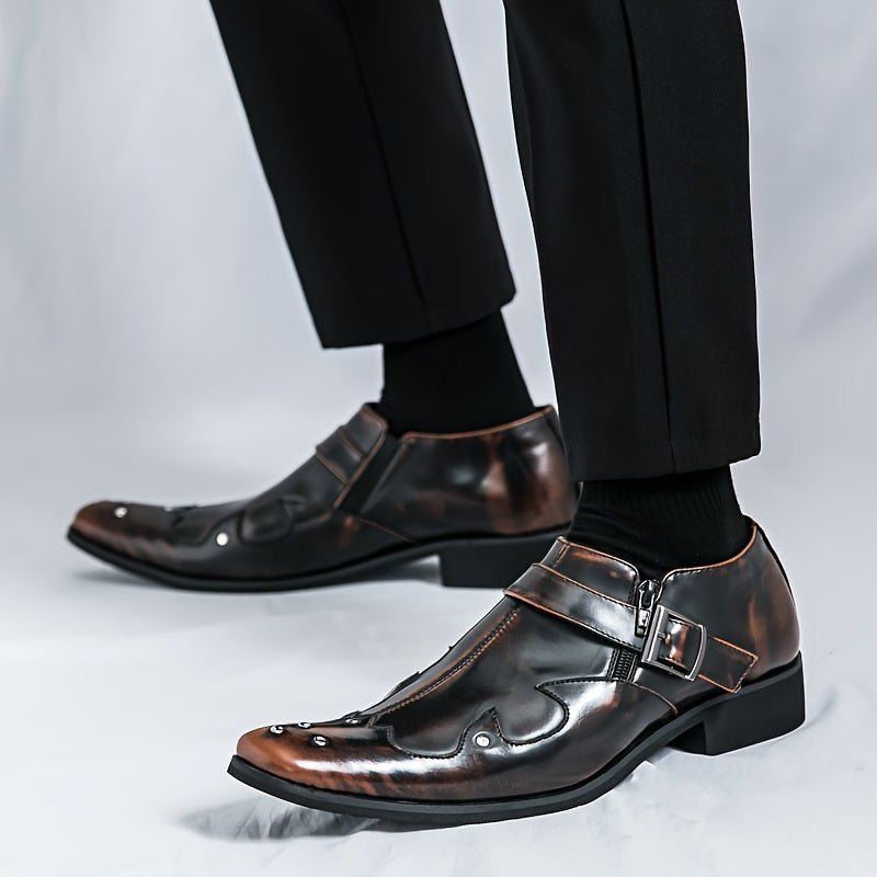 Stylish men's pointed toe business dress shoes in solid PU leather, slip-on design, suitable for office and formal occasions.
