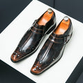 SHOWLU Men's pointed toe business dress shoes in solid PU leather, slip-on style, suitable for office or formal occasions.