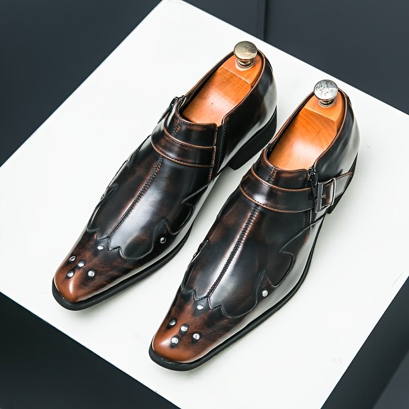 SHOWLU Men's pointed toe business dress shoes in solid PU leather, slip-on style, suitable for office or formal occasions.
