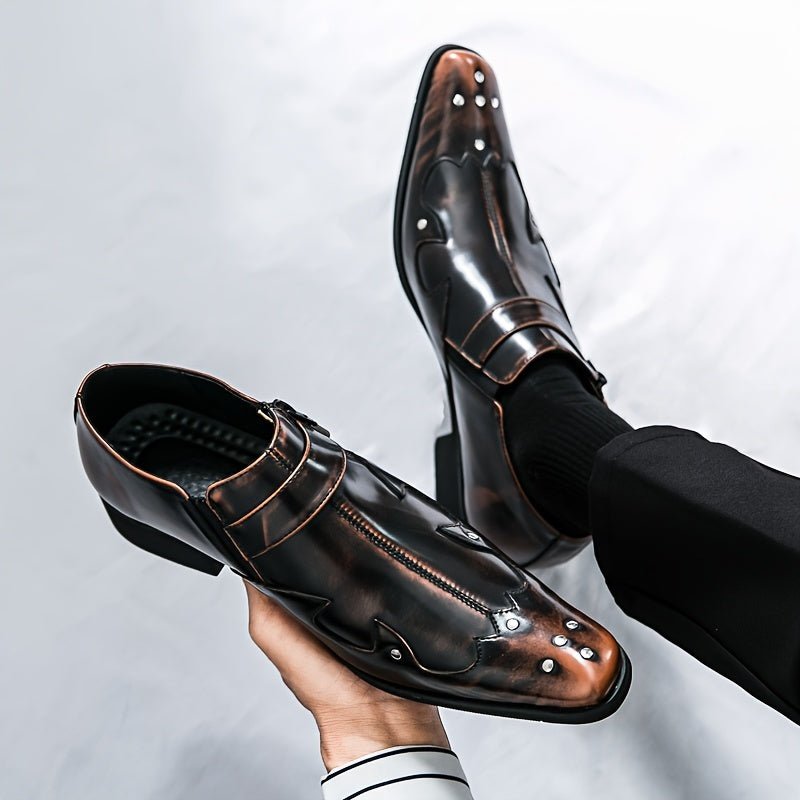 Stylish men's pointed toe slip-on dress shoes in solid PU leather, ideal for business, office, or formal occasions.