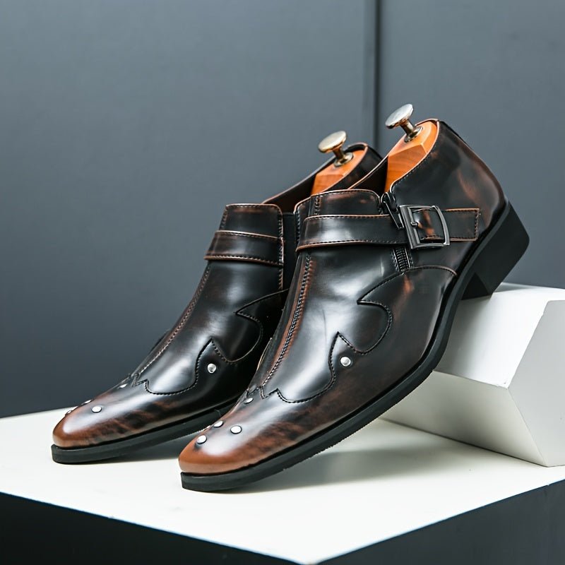Showlu men's pointed toe slip-on dress shoes in solid PU leather, ideal for business, office, or formal occasions.