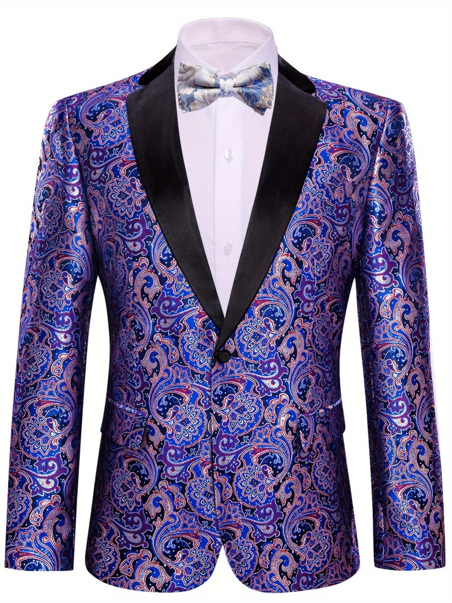 Stylish men's patterned blazer with notched lapel and single button, slim fit casual suit jacket for festive and everyday wear.