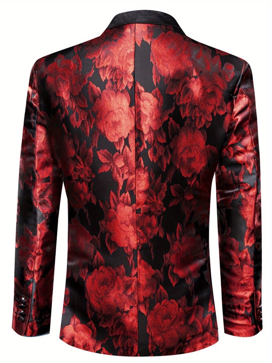 Stylish men's patterned blazer with single-button notched lapel, casual fit, suitable for festive events and everyday wear.