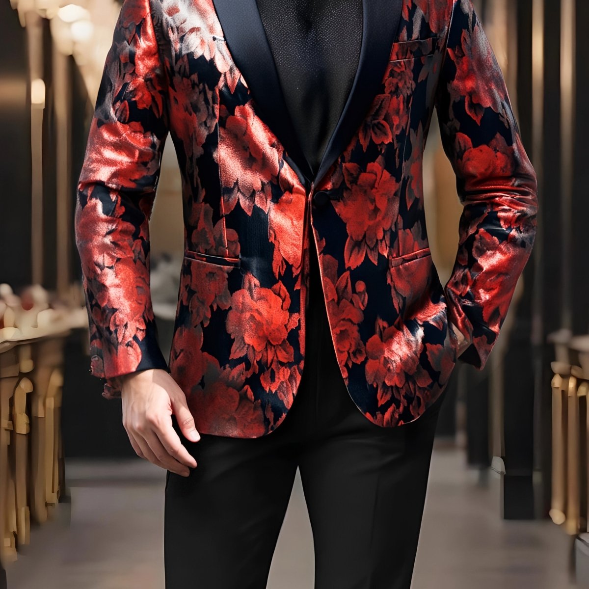 Stylish men's patterned blazer with single-button notch lapel, casual fit, suitable for festive events and everyday wear, by SHOWLU FASHION.
