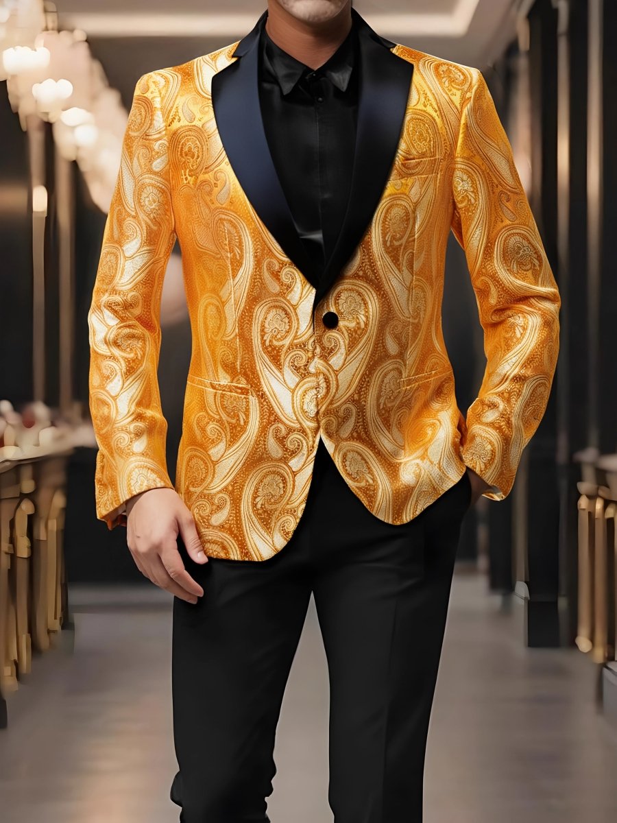 Stylish men's patterned blazer with single-button notch lapel, casual design, suitable for festive events and everyday wear.
