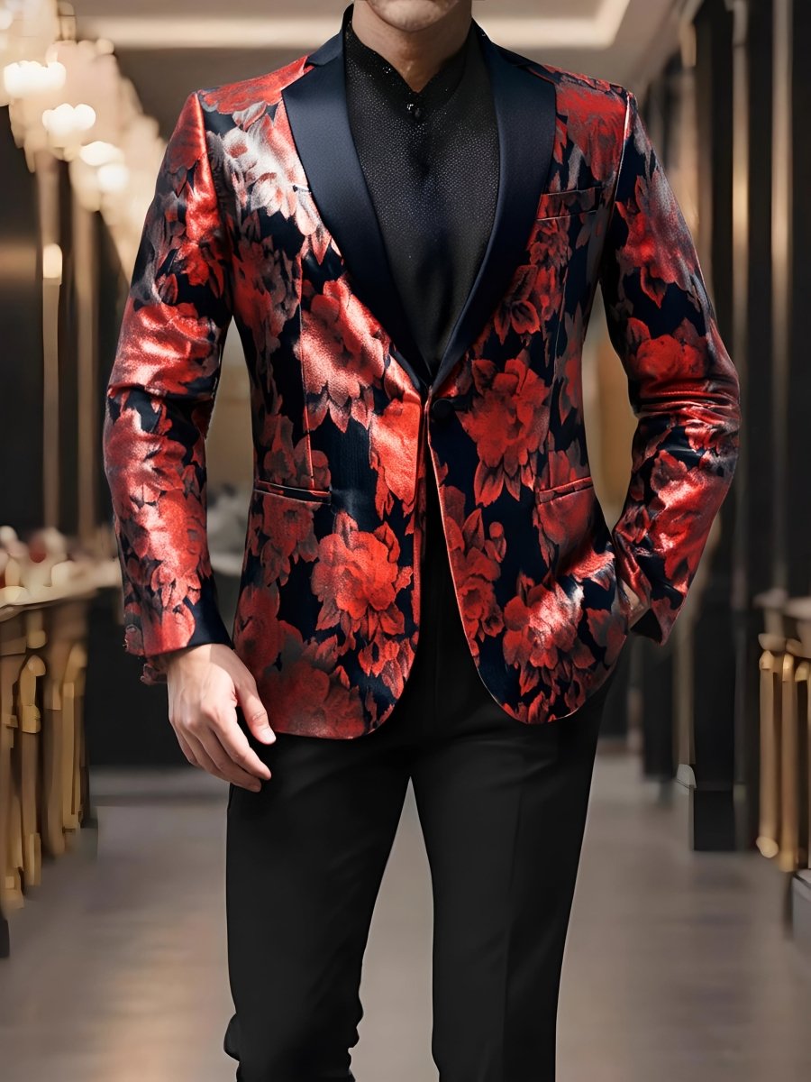 Stylish men's patterned blazer with single-button notched lapel, casual design, suitable for festive, wedding, and everyday wear.