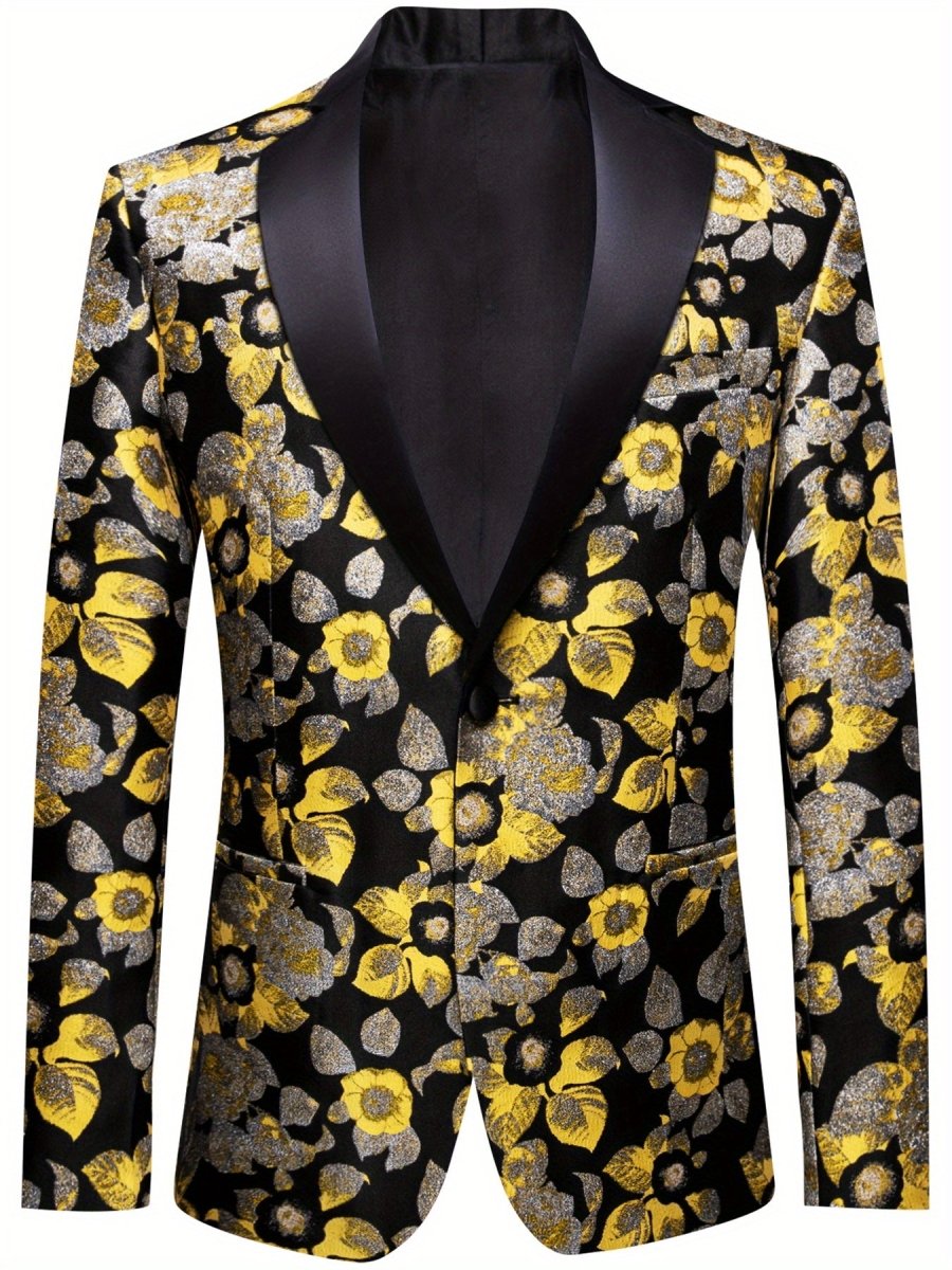 Stylish men's patterned blazer with single-button notched lapel, casual fit, suitable for festive occasions and everyday wear.