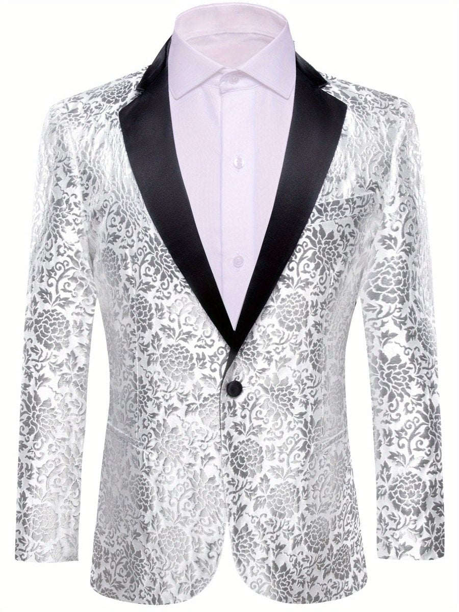 Stylish men's patterned blazer by SHOWLU FASHION, slim fit suit jacket with single-button closure, notched lapel, suitable for festive or casual wear.