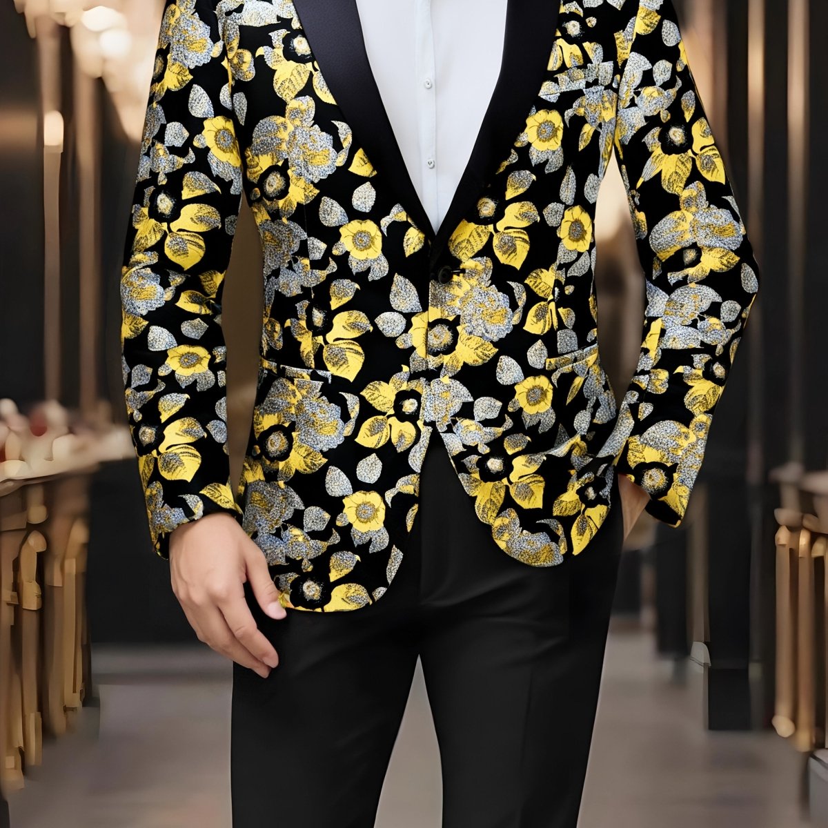 Stylish men's patterned blazer with a single-button notched lapel, casual yet suitable for festive occasions and daily wear.