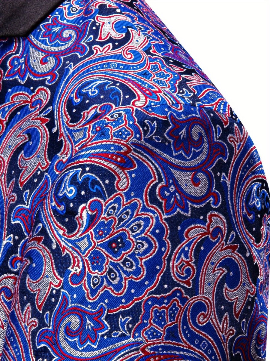 Stylish men's patterned slim fit blazer with single button, notched lapel, suitable for festive, wedding, or casual wear.