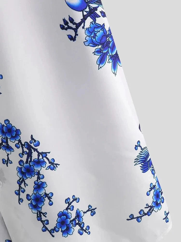 Men's short sleeve lapel shirt with plum blossom ink print by Showlu Fashion, stylish and lightweight for casual wear.