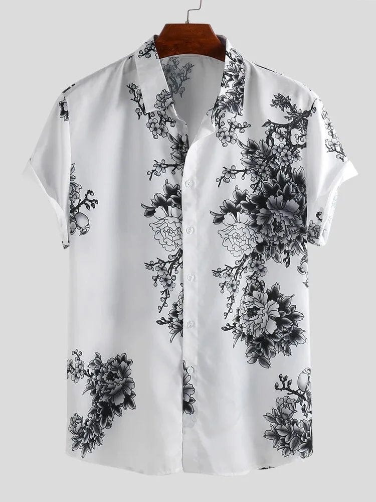 Showlu Fashion men's short sleeve lapel shirt with plum blossom ink print, stylish casual top for men.