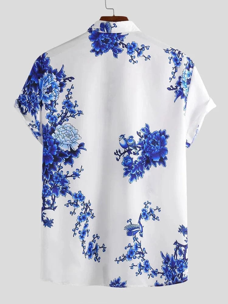 Stylish men's short sleeve lapel shirt with plum blossom ink print by Showlu Fashion.