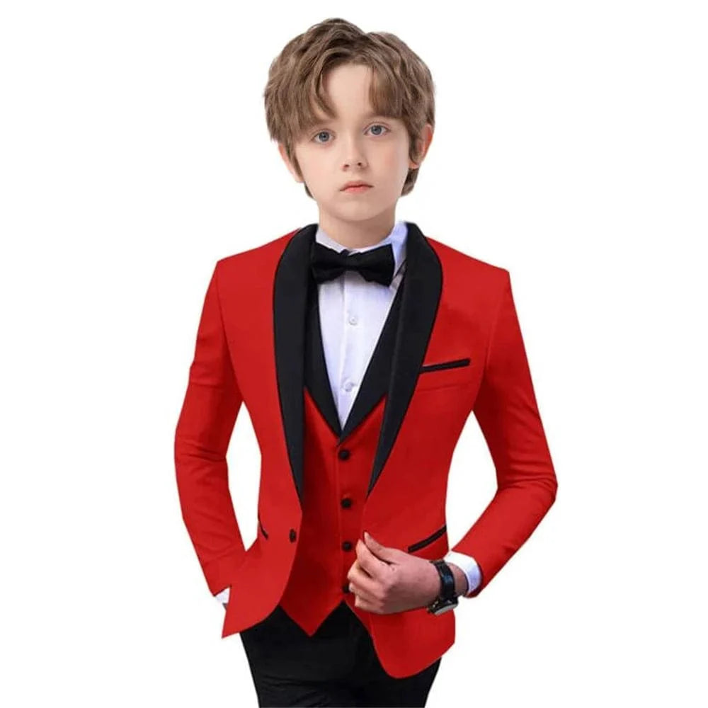 Stylish boys’ 3-piece slim fit suit set with tuxedo blazer, vest, and pants for formal occasions like weddings and prom.