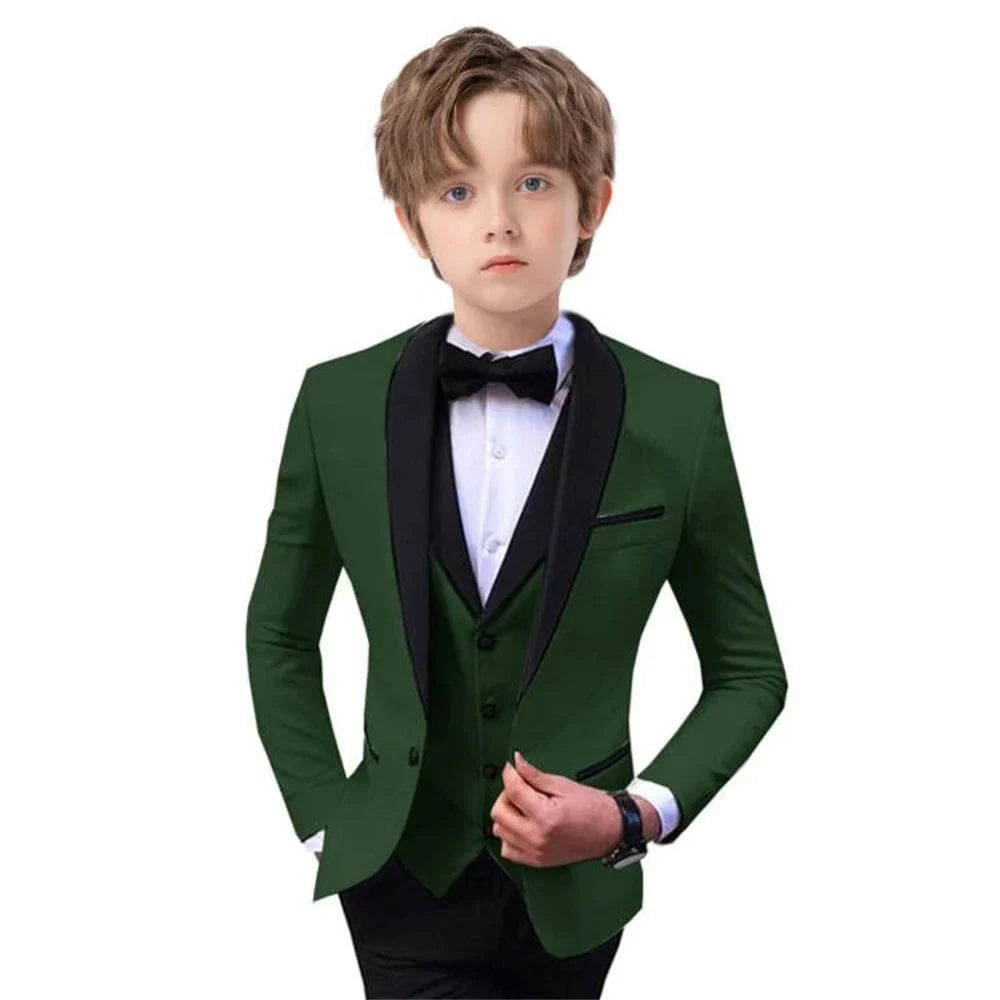 Stylish boys' 3-piece slim fit suit set with tuxedo blazer, vest, and pants, perfect for formal events like weddings and proms.