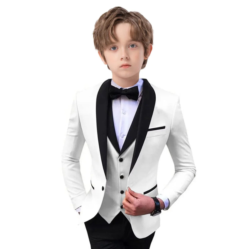 Stylish SHOWLU boys' 3-piece slim fit suit set with tuxedo blazer, vest, and pants for formal occasions and weddings.