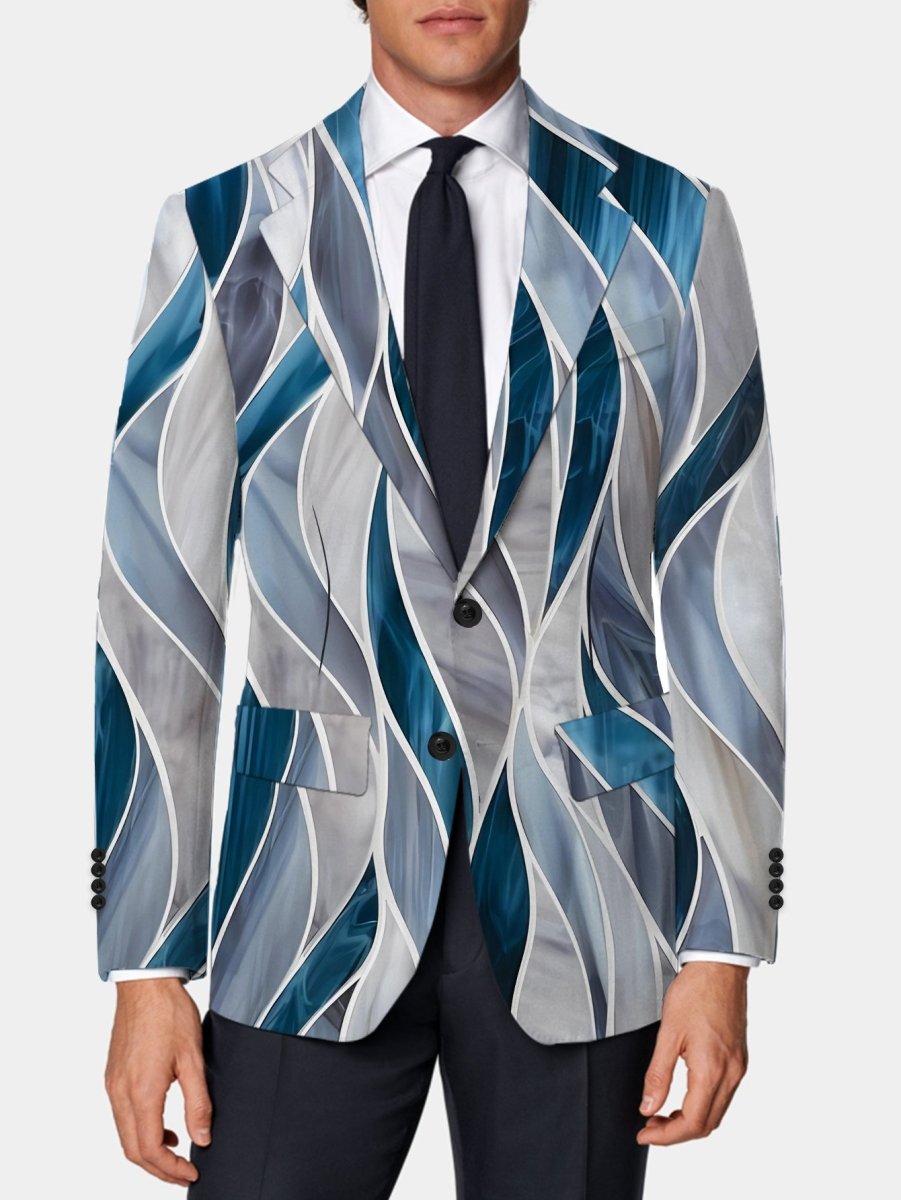 Stylish SHOWLU men's slim fit blazer with abstract print, lightweight polyester-elastane fabric, lapel collar, and button-up design