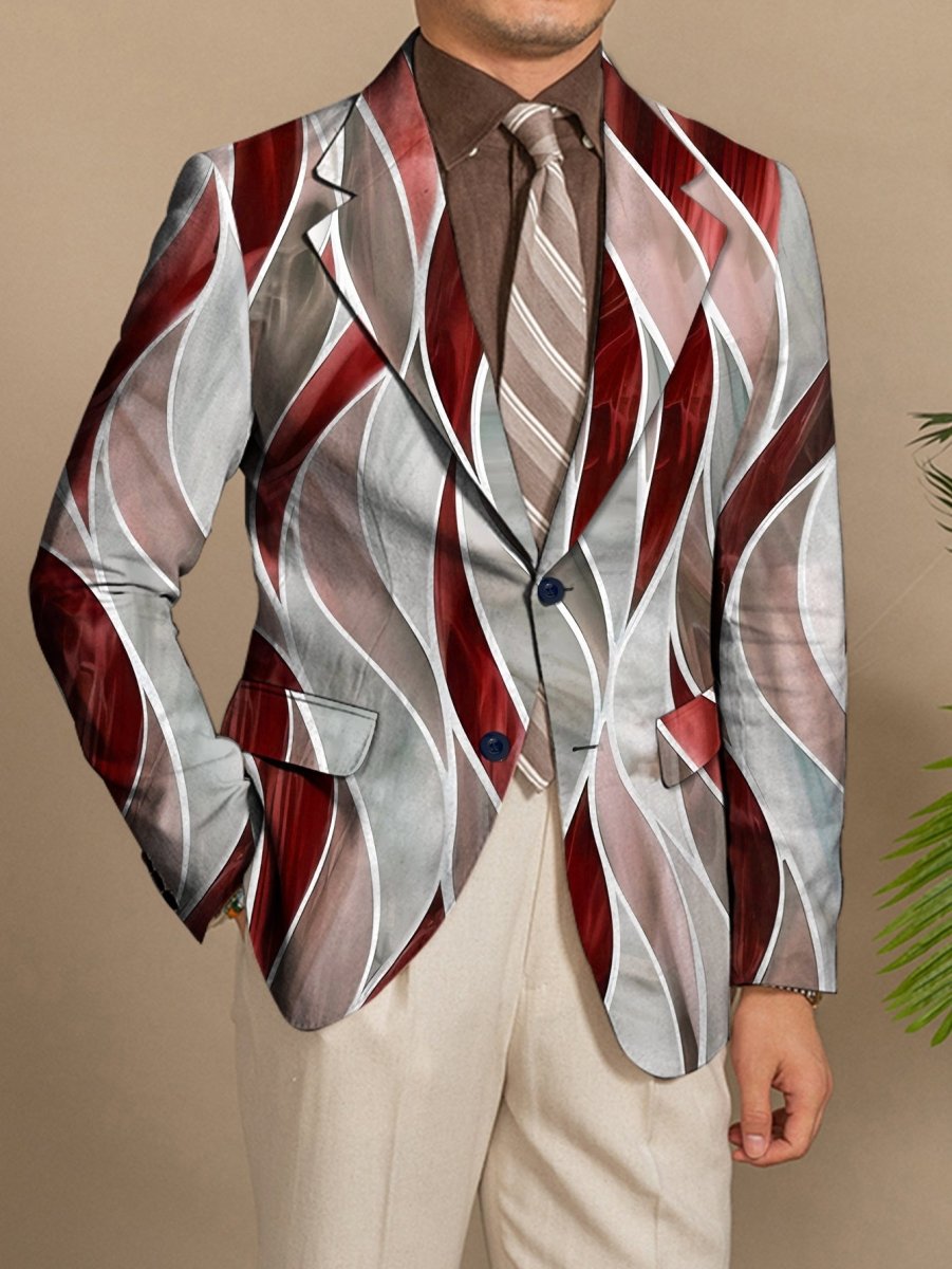 Stylish SHOWLU men's slim fit blazer with abstract print, lightweight polyester-elastane fabric, lapel collar, button-up design.