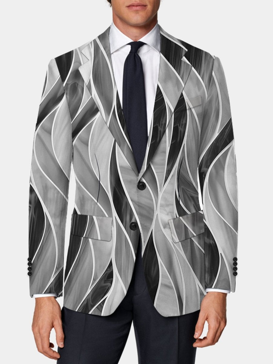 SHOWLU Men's slim fit blazer with abstract print, lightweight polyester-elastane fabric, lapel collar, button-up design.
