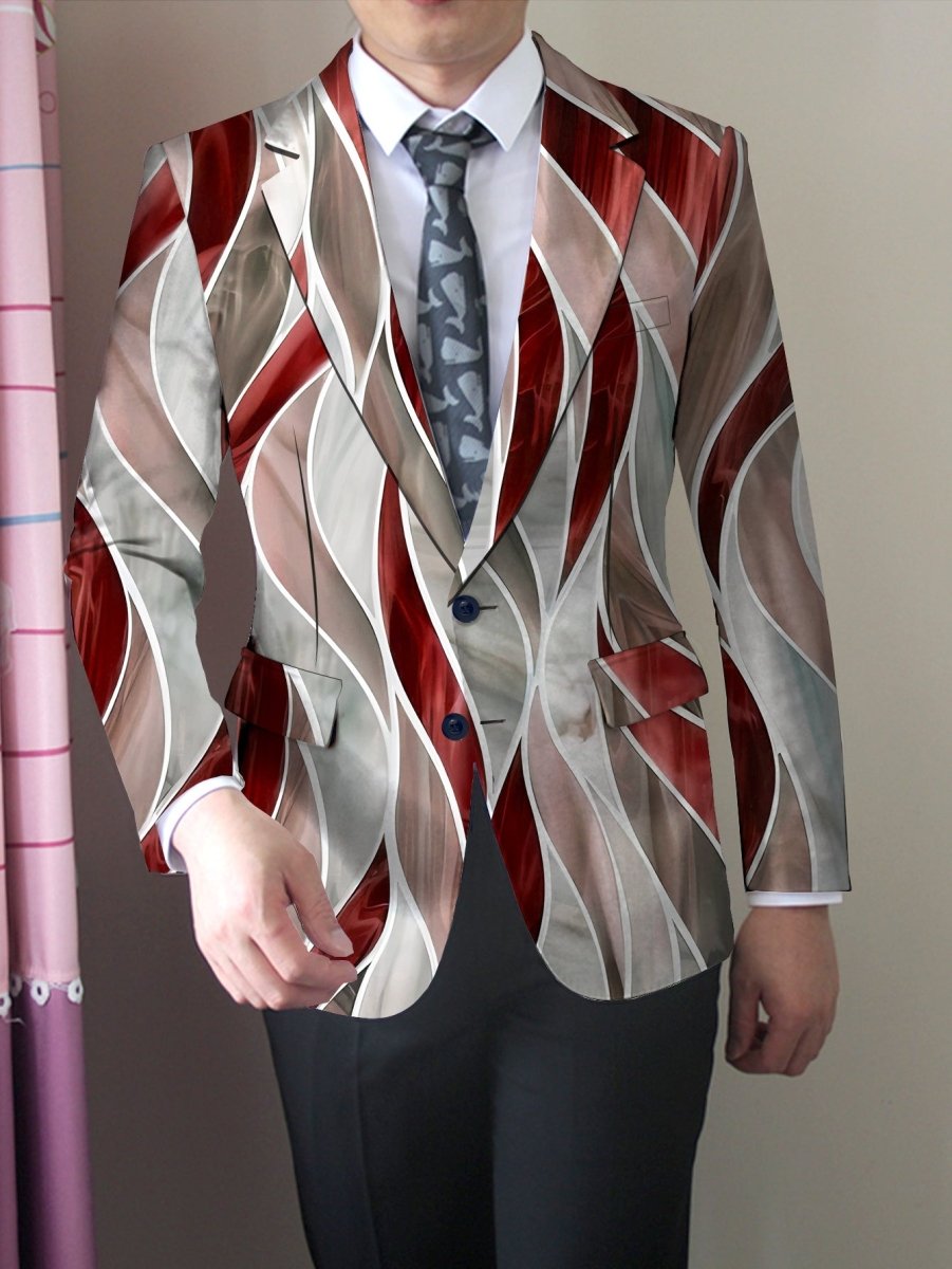 SHOWLU Men's slim fit abstract print blazer with lapel collar, lightweight polyester-elastane material, stylish casual jacket.