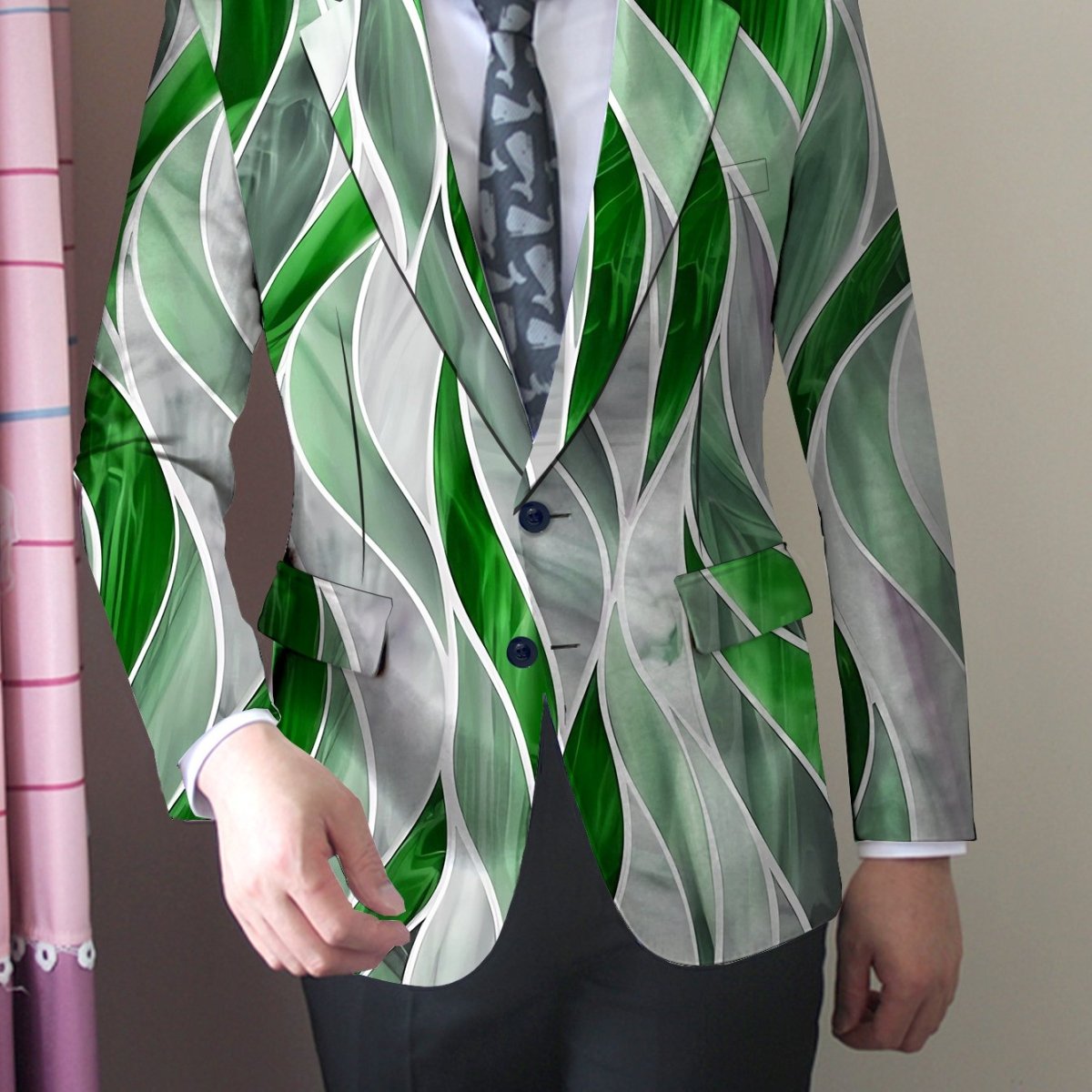 Stylish men's slim fit blazer with abstract print, lightweight polyester-elastane fabric, lapel collar, and button-up front.