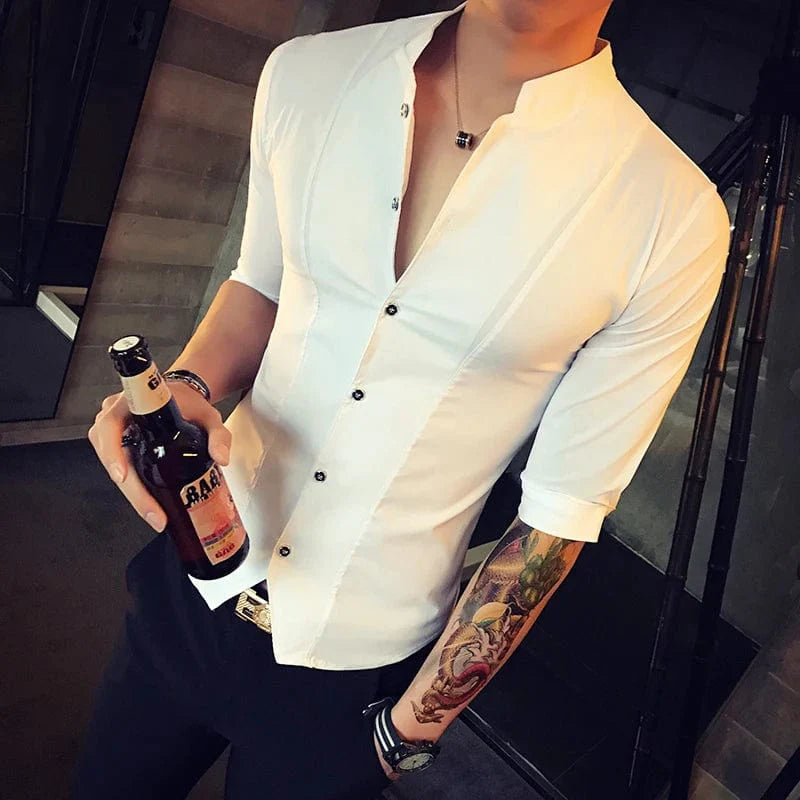 Showlu Stylo men's slim fit stand-up collar shirt with half sleeves, lightweight summer top, stylish and modern design.